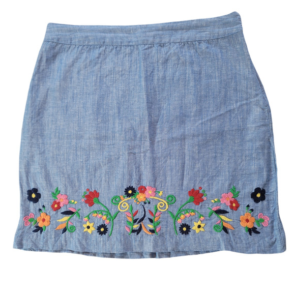 Talbots Blue Chambray Linen Cotton Floral Embroidered Skirt Size 10P - Picture 5 of 8